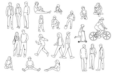 Silhouettes of men, women, teenagers and children standing, walking, sitting, linear sketch, black color, vector, group recreation people, students, flat icon design concept isolated on white