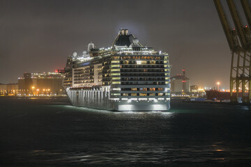 Kreuzfahrtschiff Fantasia im Hafen von Barcelona Nacht - Cruiseship cruise ship liner Fantasia in...