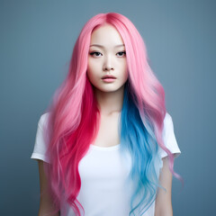 Pretty Asian woman with long pink hair