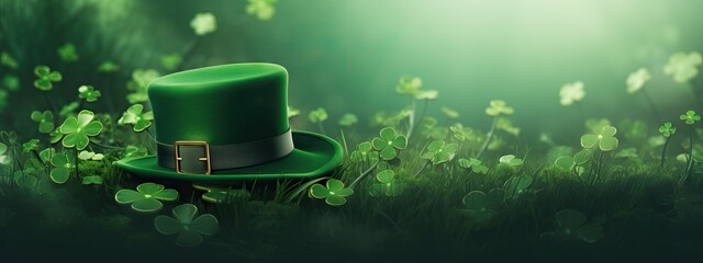 Green shamrock lucky top hat as St Patrick's day symbol and luck icon of Irish tradition with magical four leaf clover. Leprechaun cap. Celebration concept, Background, card, banner with copy space