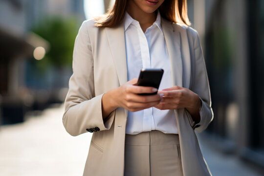 Businesswoman in suit using smartphone in urban setting