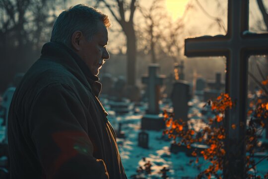 An elderly man looks sadly at the pogost in a Christian cemetery