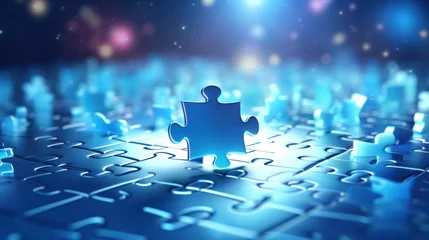 Foto op Plexiglas Symbols of jigsaw games Creativity, connection, challenge. Isolated on blue futuristic technology background. © venusvi