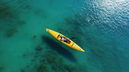 Yellow kayak that cruises on the emerald waters Aerial view.