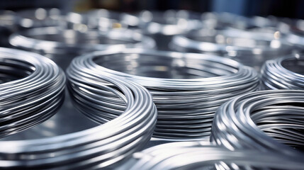 Close-up of aluminum wire spools in a manufacturing plant. Aluminum production. Metalworking. Selective focus. - obrazy, fototapety, plakaty