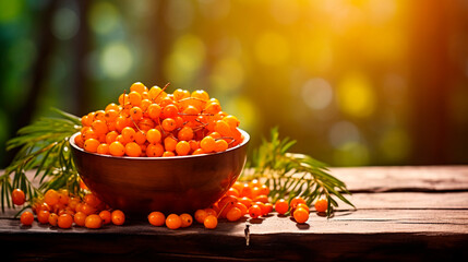 Sea buckthorn in a bowl against the backdrop of the garden. Selective focus. - obrazy, fototapety, plakaty
