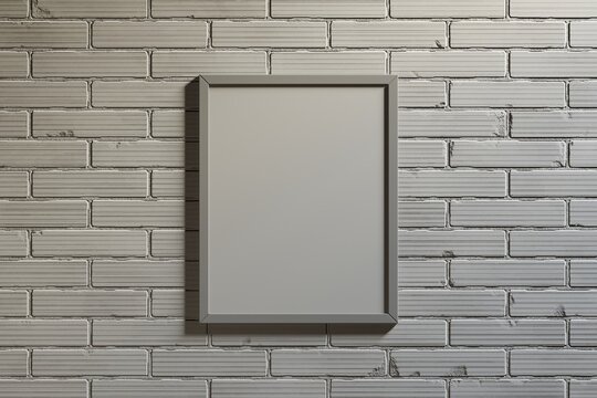 Empty gray frame on white brick wall, 3d wooden frame, 3d render picture frame