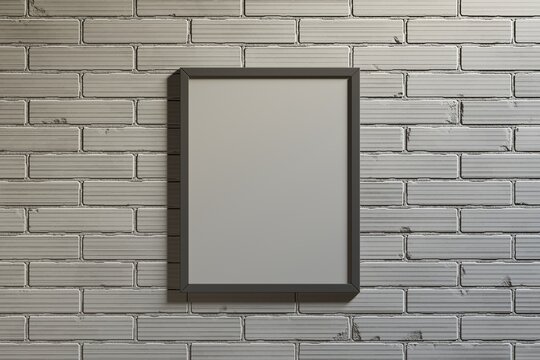 Empty black frame on white brick wall, 3d wooden frame, 3d render picture frame