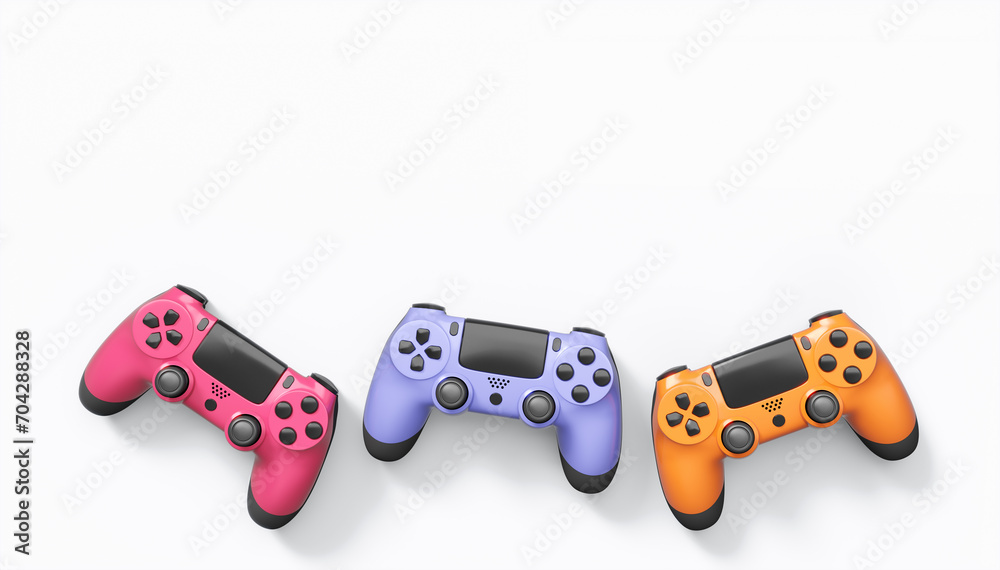 Poster realistic colorful video game joysticks or gamepads with color buttons on white