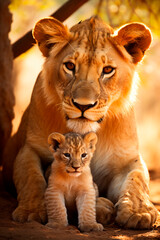 Naklejka premium Lioness with a little lion cub. Selective focus.