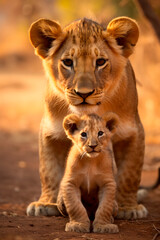Obraz premium Lioness with a little lion cub. Selective focus.