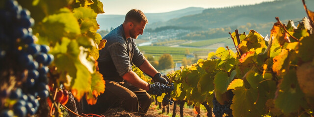A man harvests grapes in the garden. Selective focus. - obrazy, fototapety, plakaty