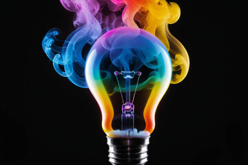 A lightbulb filled with colorful smoke, pure black background