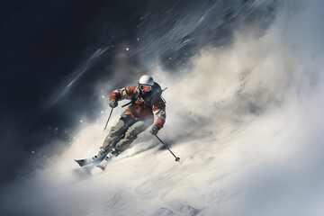 Skier carving down a slope. Jumping skier. Extreme winter sports.