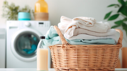 Fototapeta na wymiar washing towels and detergents in the bathroom. Selective focus.