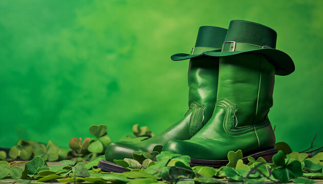 Boots shoe leprechaun, green background. St. Patrick's Day concept. 
