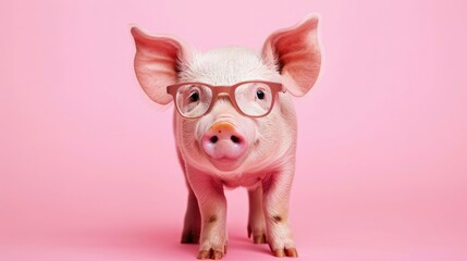 front of a pig wearing glasses on a pink background. 