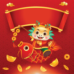 Happy Chinese New Year 2024, Cute dragon riding red carp fish