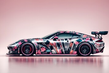 a sports car with a makeup and beauty tools-themed wrap