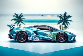 a sports car with an island and sea-themed wrap