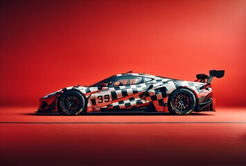 a sports car with a race track-themed wrap