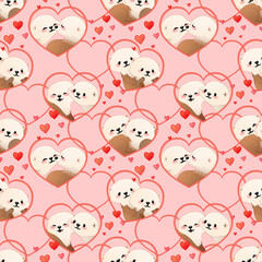 Cute cartoon otters in love. Valentine's day seamless pattern. Hand drawn art of loving couple.