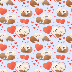 Cute cartoon otters in love. Valentine's day seamless pattern. Hand drawn art of loving couple.