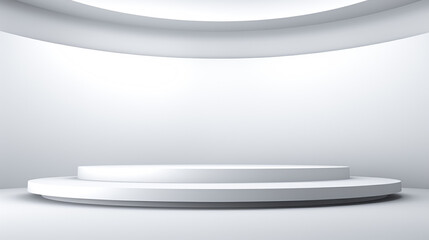 Modern white product display stand, minimalist round pedestal for exhibitions, showcase platform. AI Generative