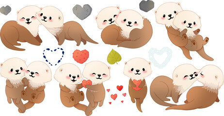 Fototapeta premium Cute cartoon otters in love. Valentine's day clipart. Hand drawn art of loving couple. Transparent background