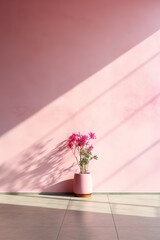 A potted plant sits in front of a pink wall.