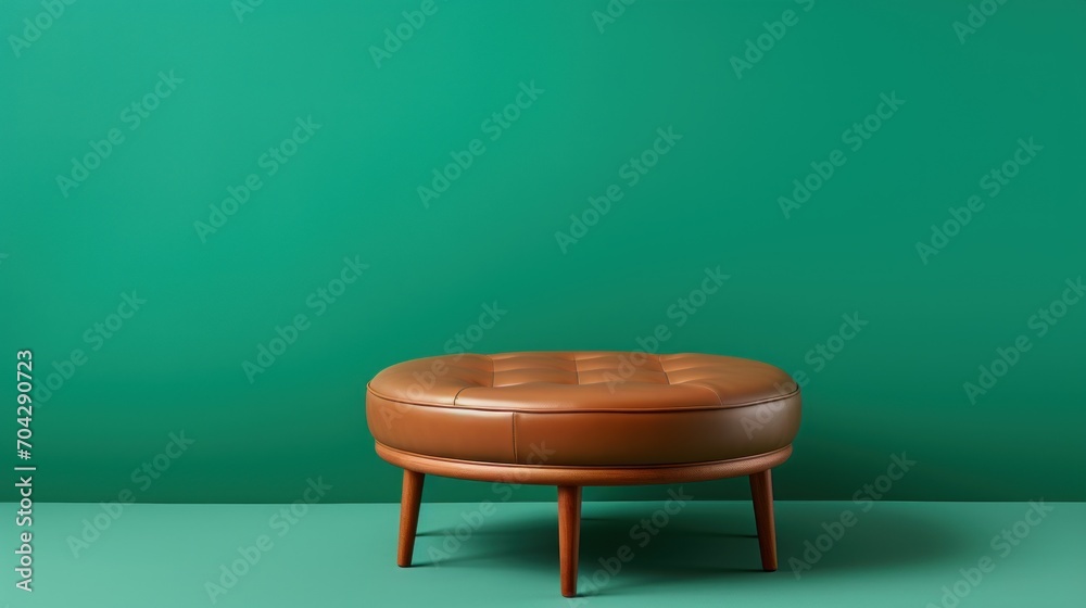 Sticker  a brown ottoman sitting on top of a green floor next to a green wall with a green wall behind it.