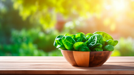 Spinach in a bowl in the garden. Selective focus.