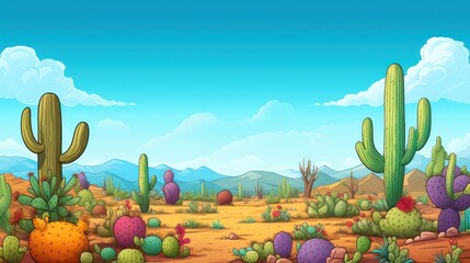  a painting of a desert with cacti and cacti in the foreground and mountains in the background.