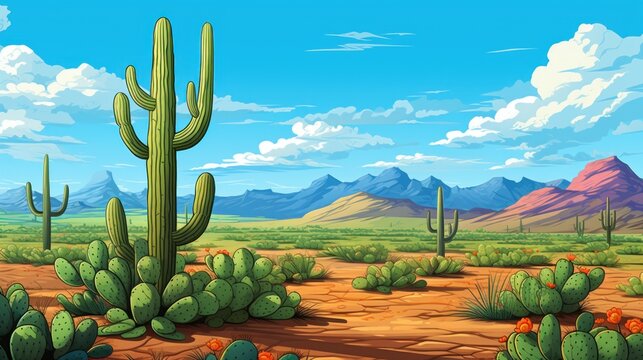  a painting of a desert with cacti and mountains in the background and a blue sky with white clouds.