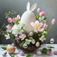 easter bouquet with big egg decorated as bunny and white and pink flowers.   On a table with grey background