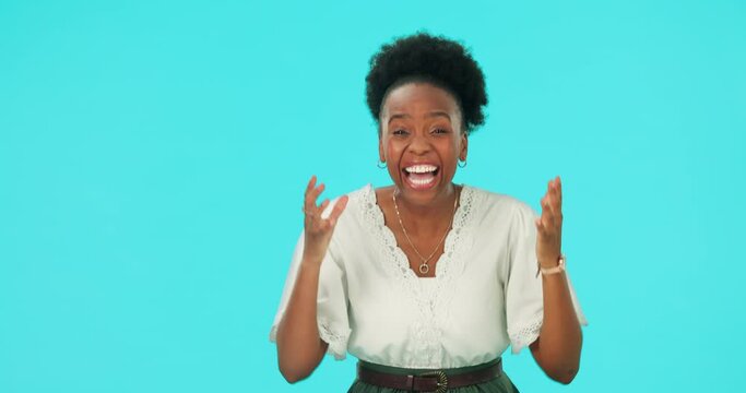 Wow, mockup and a success black woman on a blue background in studio for motivation or celebration. Portrait, omg or wtf with a young female person cheering on space for advertising or marketing