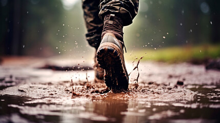 The soldier's feet walk through the mud. Selective focus. - obrazy, fototapety, plakaty