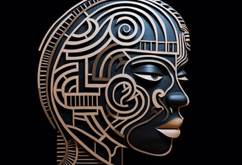 Artistic illustration featuring a woman in a black and white optical illusion with stripes.