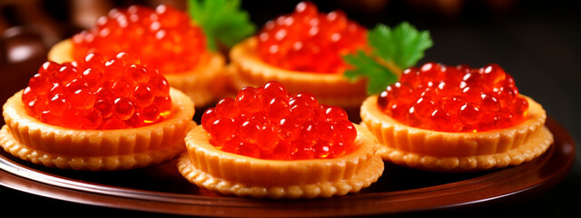 Tartlets with caviar on a plate. Selective focus.