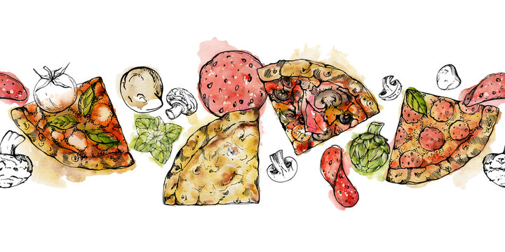 Hand drawn watercolor ink illustration. Pizza slices and toppings ingredients, Italian cuisine. Seamless border isolated on white. Design for restaurant, menu, cafe, food shop or package, flyer print.