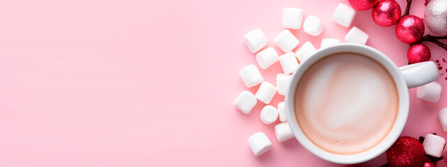 Fototapeta na wymiar Cup with marshmallows on a pink background. Selective focus.