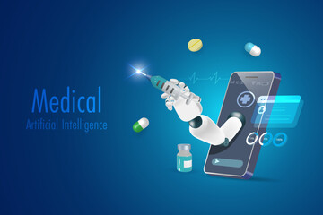 AI robot hand holding syringe on smartphone. Artificial intelligence robot assist doctor solving  patient health problem. Medical and heath care technology.