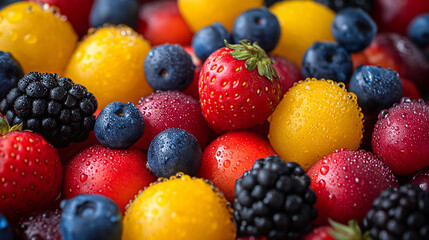 Summer fruits with water drops.