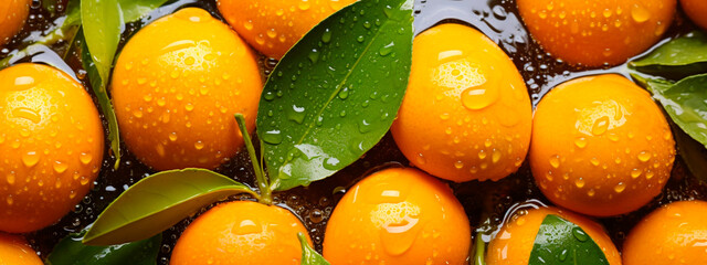 There are a lot of wet kumquat fruits. Selective focus. - obrazy, fototapety, plakaty