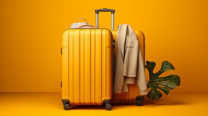 Adventure Awaits: Packed Suitcase Ready for Exciting Journey on Yellow Background - Essential Travel Gear for a Wanderlust Vacation