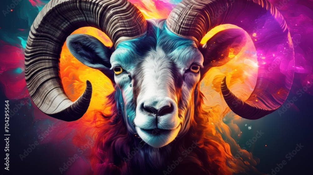 Canvas Prints a painting of a ram's head with multicolored smoke and flames around it and a black background.