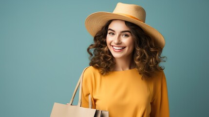 Happy smiling young woman holding shopping bag.