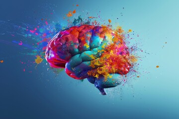 Creative art brain explodes with paints with splashes on a blue background, concept idea