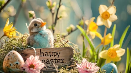 Easter eggs and little chicken in nest on spring nature background.