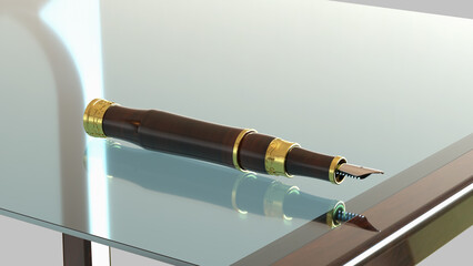 Fountain pen on glass table top. 3D Render.